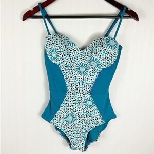 Everyday Sunday Womens One Piece Swimsuit Teal Blue White Pattern 8